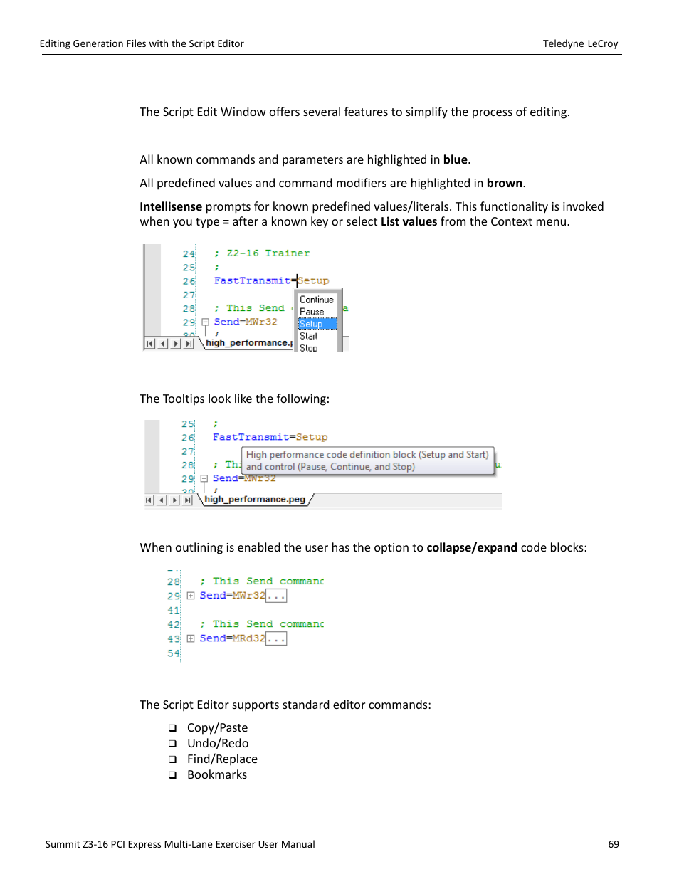2 script edit window, Syntax highlighting, Tooltips | Outlining, Text editing commands | Teledyne LeCroy Summit Z3-16 PCI Express Multi-lane Exerciser User Manual User Manual | Page 69 / 118