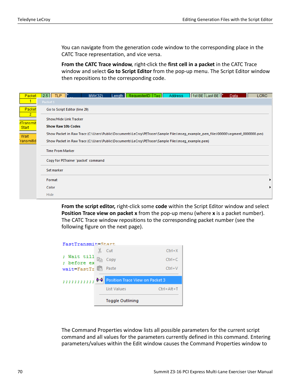 Synchronized scrolling with the catc trace window, 3 command properties window | Teledyne LeCroy Summit Z3-16 PCI Express Multi-lane Exerciser User Manual User Manual | Page 70 / 118