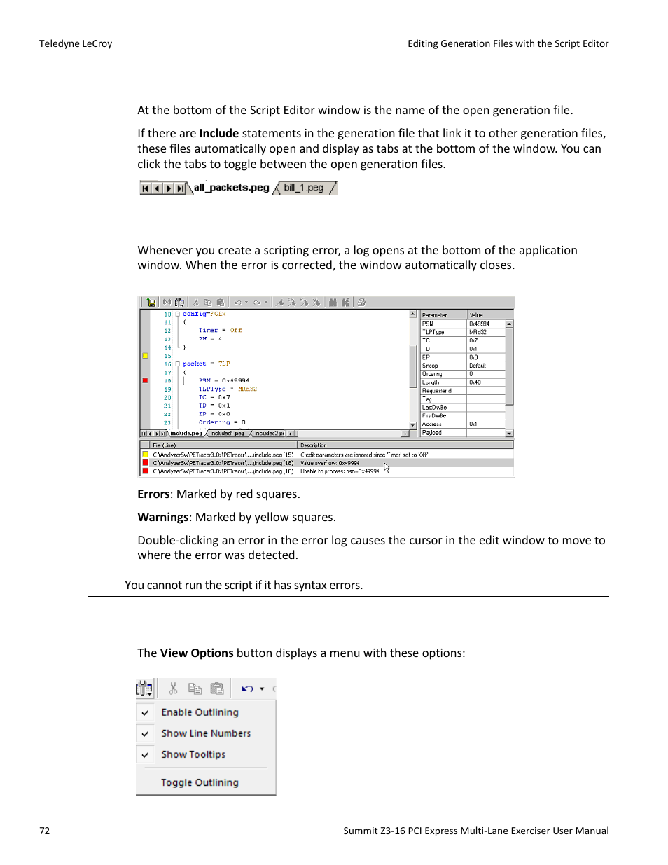 4 script editor file tabs, 5 script editor error log, 6 view options menu | Teledyne LeCroy Summit Z3-16 PCI Express Multi-lane Exerciser User Manual User Manual | Page 72 / 118