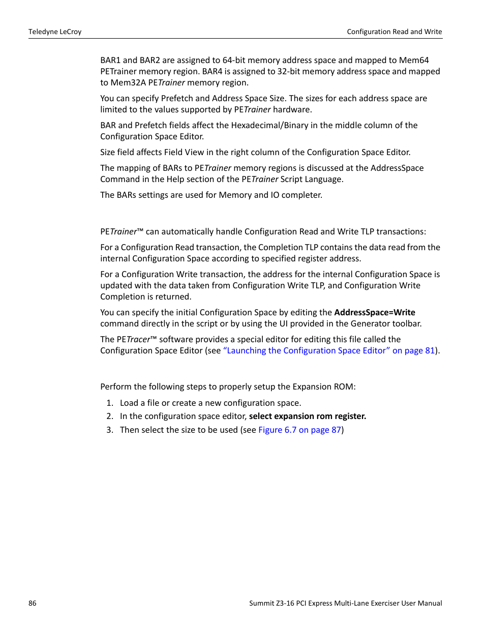 3 configuration read and write, 4 expansion rom setup | Teledyne LeCroy Summit Z3-16 PCI Express Multi-lane Exerciser User Manual User Manual | Page 86 / 118