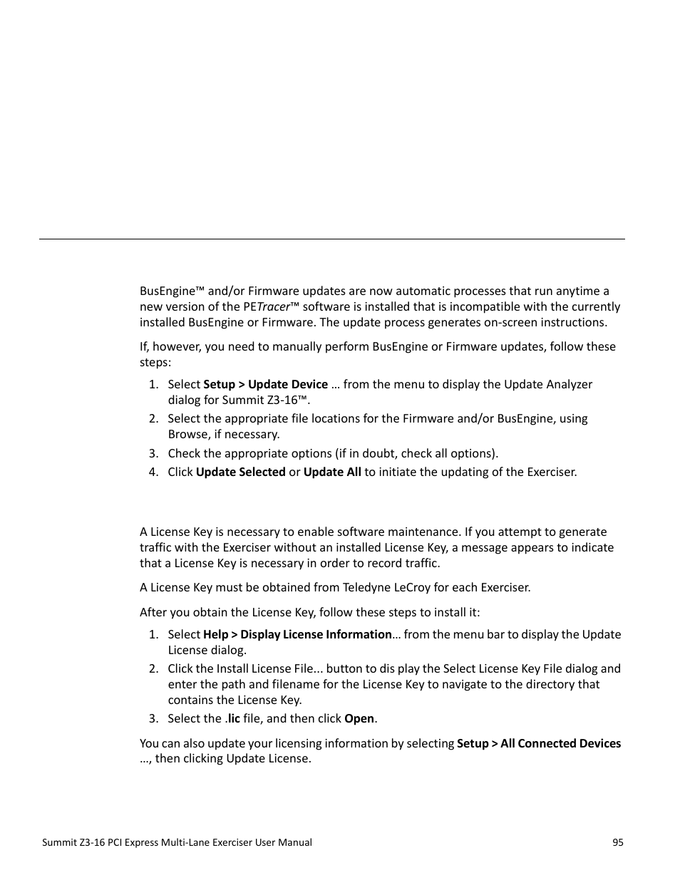 Updates and licensing, 1 updating the exerciser, 2 license keys | Chapter 8: updates and licensing, Chapter 8 | Teledyne LeCroy Summit Z3-16 PCI Express Multi-lane Exerciser User Manual User Manual | Page 95 / 118