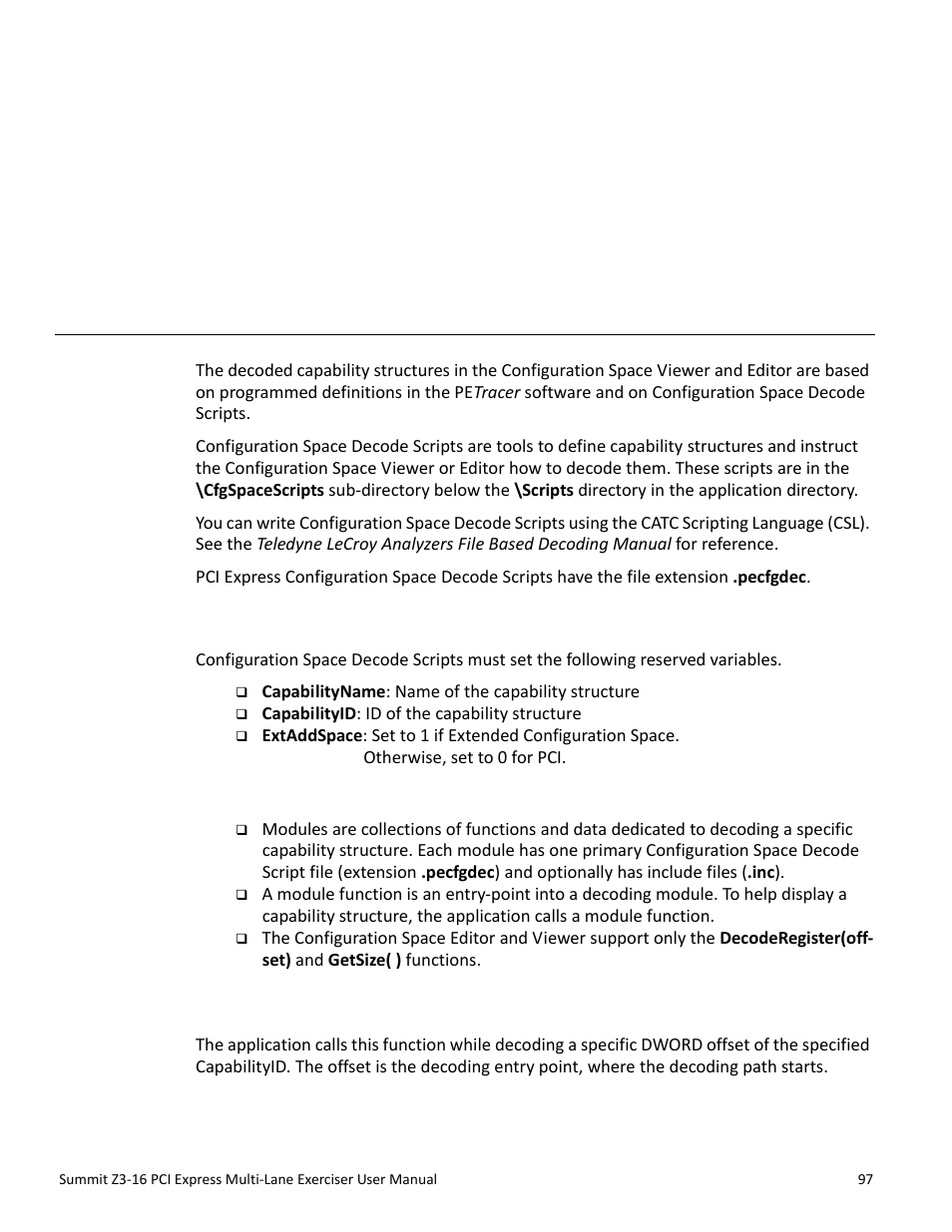 Configuration space decoding, A.1 mandatory definitions, A.2 mandatory module functions | A.2.1 decoderegister(offset), Appendix a: configuration space decoding, Configuration, Appendix a | Teledyne LeCroy Summit Z3-16 PCI Express Multi-lane Exerciser User Manual User Manual | Page 97 / 118