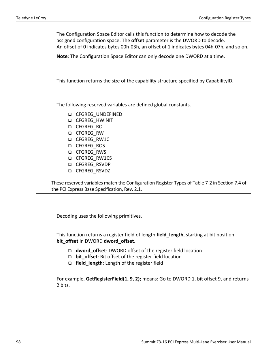 A.2.2 getsize(), A.3 configuration register types, A.4 primitives | Teledyne LeCroy Summit Z3-16 PCI Express Multi-lane Exerciser User Manual User Manual | Page 98 / 118