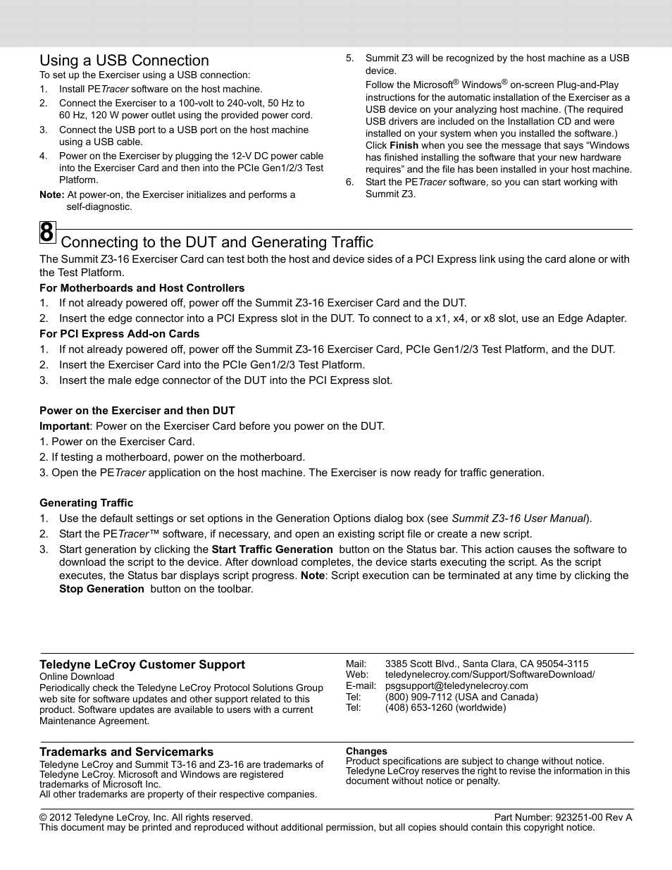 Connecting to the dut and generating traffic, Using a usb connection | Teledyne LeCroy Summit Z3-16 PCI Express Protocol Exerciser QSG User Manual | Page 4 / 4