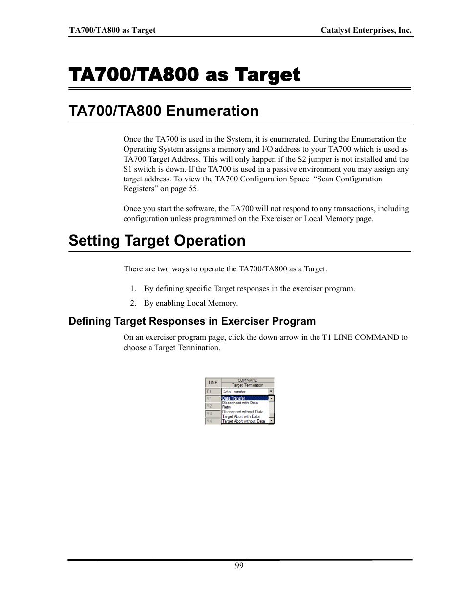 Ta700/ta800 as target, Ta700/ta800 enumeration, Setting target operation | Defining target responses in exerciser program, Ta700/ta800, Arget, Ta700/ta800 e, Numeration, Etting, Peration | Teledyne LeCroy TA700_800_850 User Manual User Manual | Page 113 / 268