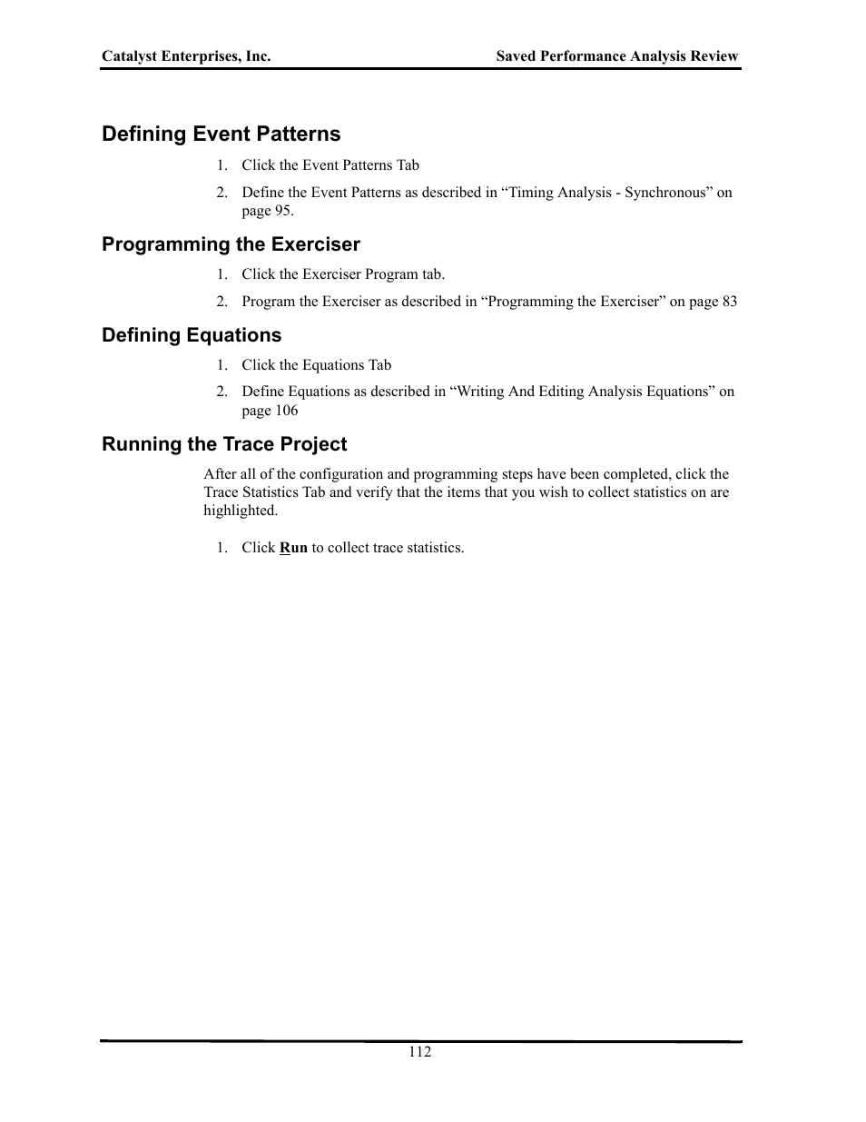 Defining event patterns, Programming the exerciser, Defining equations | Running the trace project, Efining, Vent, Atterns, Rogramming, Xerciser, Quations | Teledyne LeCroy TA700_800_850 User Manual User Manual | Page 126 / 268