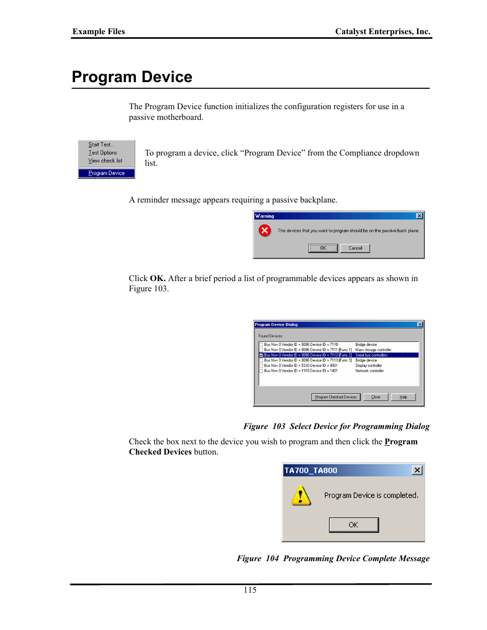 Program device, Figure 103 select device for programming dialog, Figure 104 programming device complete message | Rogram, Evice | Teledyne LeCroy TA700_800_850 User Manual User Manual | Page 129 / 268