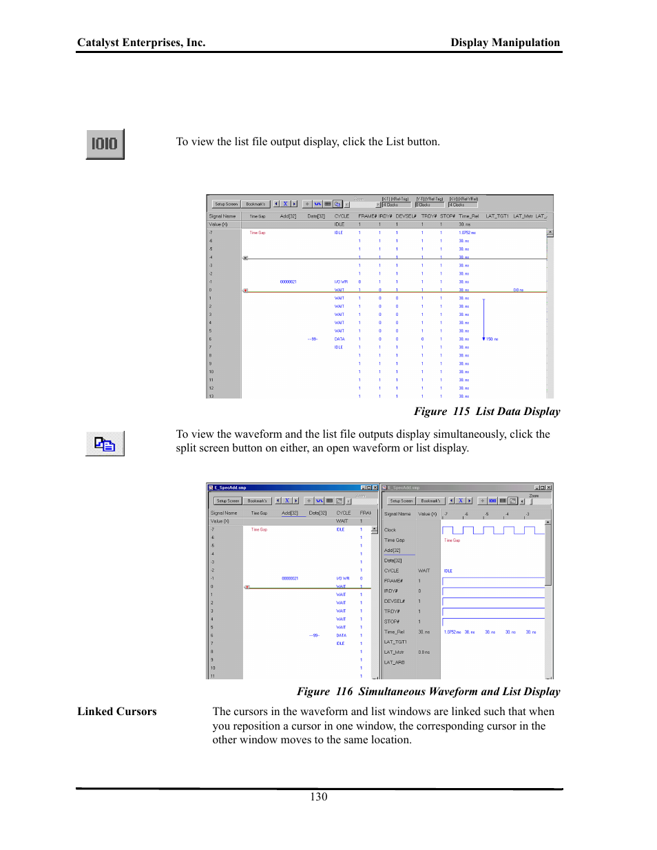 Figure 115 list data display, Figure 116 simultaneous waveform and list display | Teledyne LeCroy TA700_800_850 User Manual User Manual | Page 144 / 268