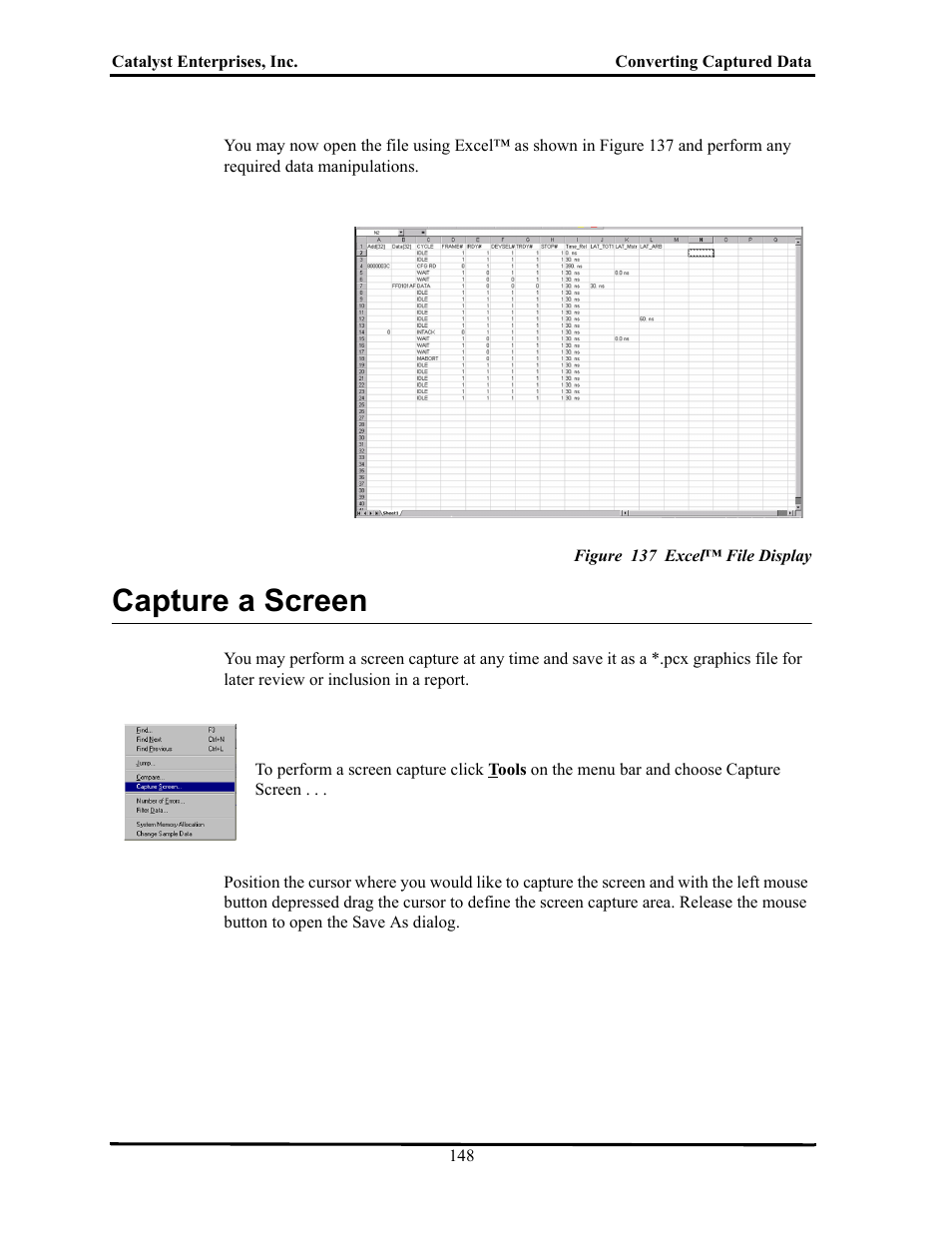 Figure 137 excel™ file display, Capture a screen, Apture | Creen | Teledyne LeCroy TA700_800_850 User Manual User Manual | Page 162 / 268