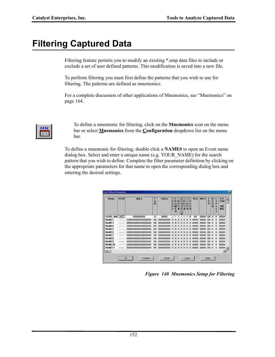 Filtering captured data, Figure 140 mnemonics setup for filtering, Iltering | Aptured | Teledyne LeCroy TA700_800_850 User Manual User Manual | Page 166 / 268