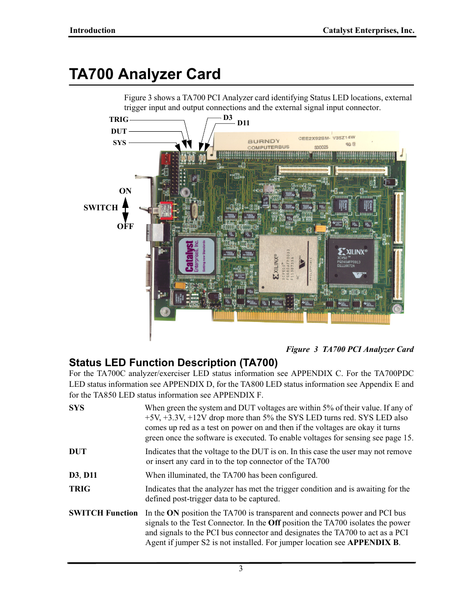 Ta700 analyzer card, Figure 3 ta700 pci analyzer card, Status led function description (ta700) | Ta700 a, Nalyzer, Tatus, Led f, Unction, Escription, Ta700) | Teledyne LeCroy TA700_800_850 User Manual User Manual | Page 17 / 268
