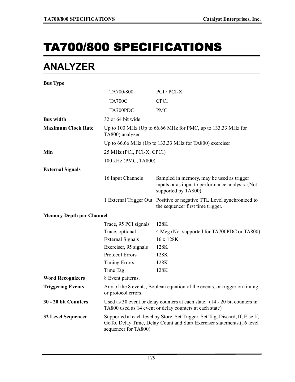 Ta700/800 specifications, Analyzer | Teledyne LeCroy TA700_800_850 User Manual User Manual | Page 193 / 268
