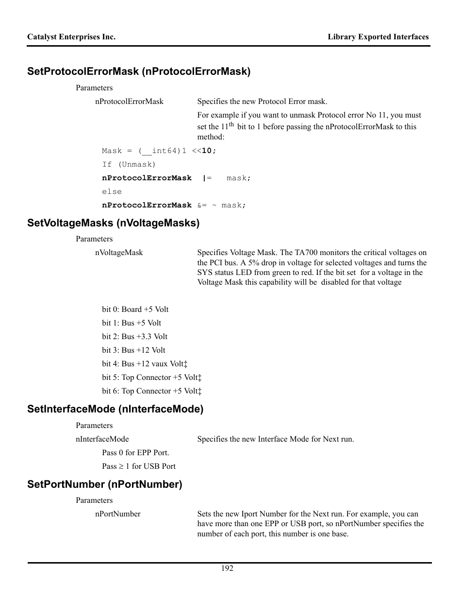Setprotocolerrormask (nprotocolerrormask), Setvoltagemasks (nvoltagemasks), Setinterfacemode (ninterfacemode) | Setportnumber (nportnumber), Rotocol, Rror, Oltage, Asks, Nterface, Umber | Teledyne LeCroy TA700_800_850 User Manual User Manual | Page 206 / 268
