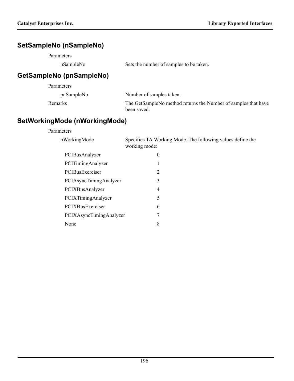 Setsampleno (nsampleno), Getsampleno (pnsampleno), Setworkingmode (nworkingmode) | Ample, Orking | Teledyne LeCroy TA700_800_850 User Manual User Manual | Page 210 / 268