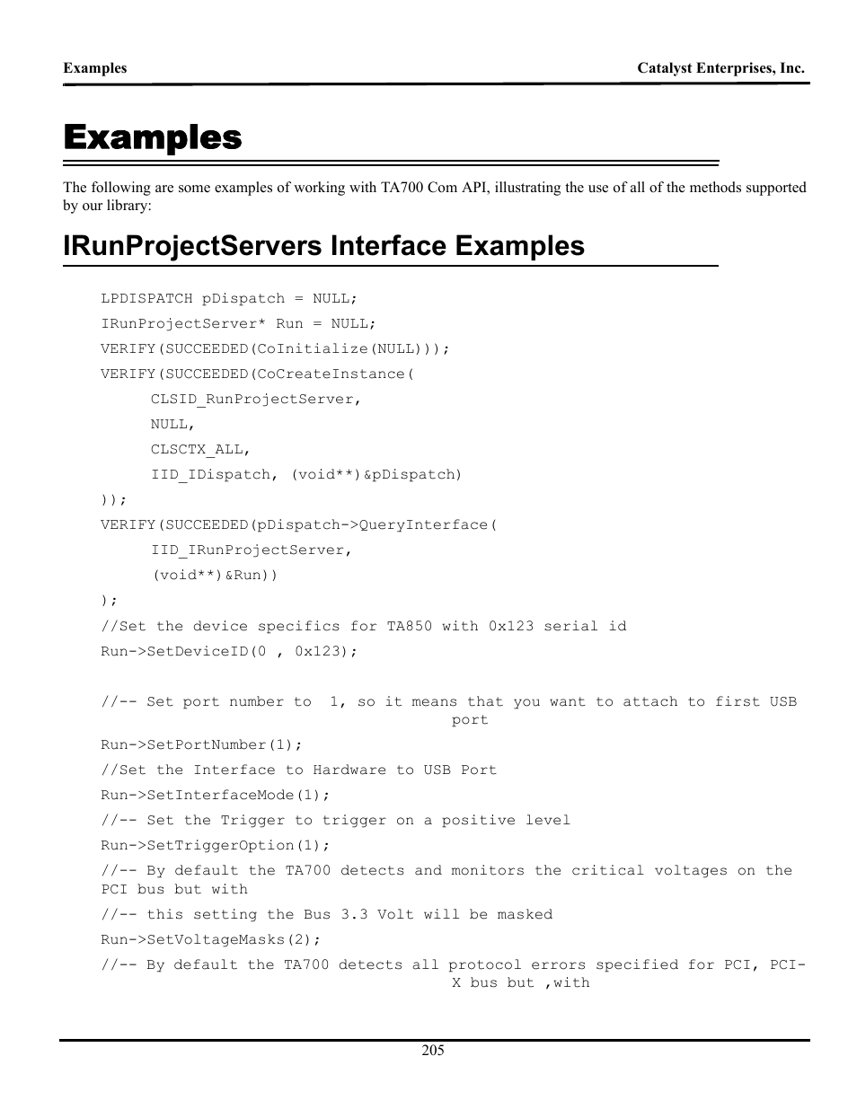 Examples, Irunprojectservers interface examples, Xamples | Roject, Ervers, Nterface | Teledyne LeCroy TA700_800_850 User Manual User Manual | Page 219 / 268