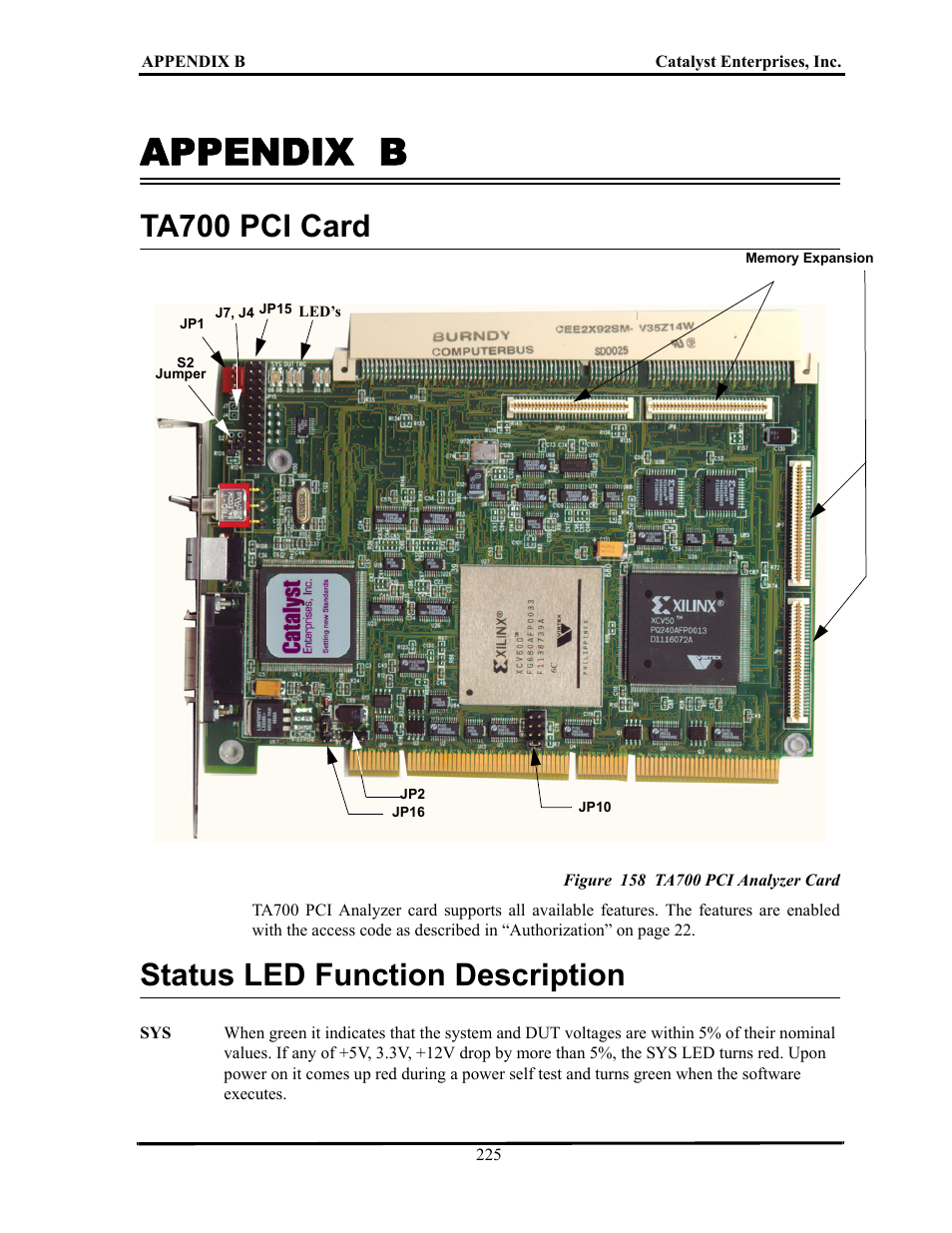 Appendix b, Ta700 pci card, Figure 158 ta700 pci analyzer card | Status led function description, Ta700 pci c, Tatus, Led f, Unction, Escription | Teledyne LeCroy TA700_800_850 User Manual User Manual | Page 239 / 268
