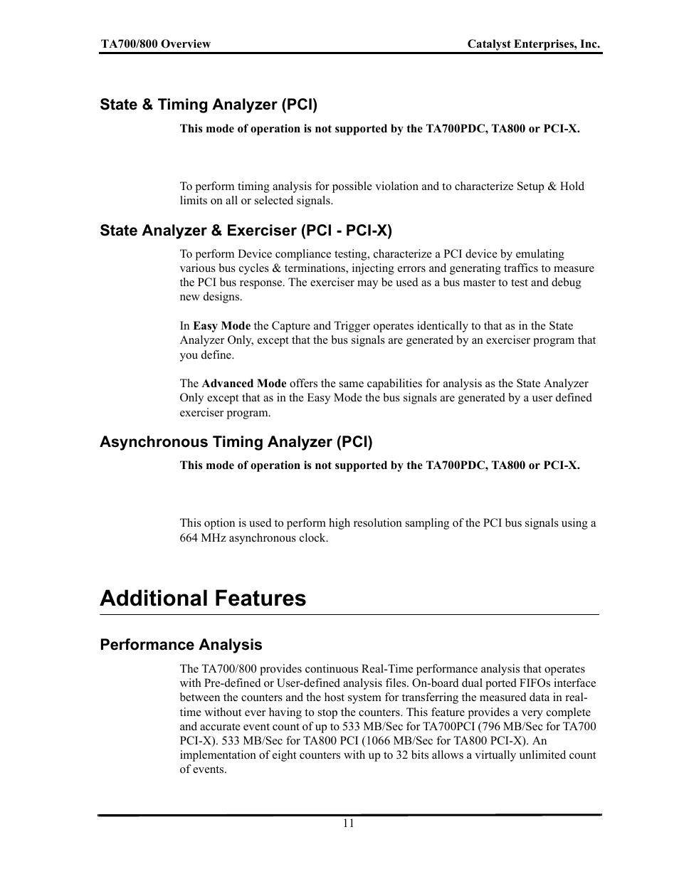 State & timing analyzer (pci), State analyzer & exerciser (pci - pci-x), Asynchronous timing analyzer (pci) | Additional features, Performance analysis, Tate, Iming, Nalyzer, Pci), Xerciser | Teledyne LeCroy TA700_800_850 User Manual User Manual | Page 25 / 268