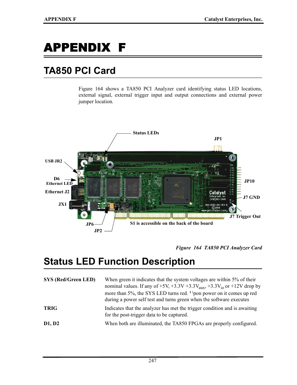 Appendix f, Ta850 pci card, Figure 164 ta850 pci analyzer card | Status led function description, Ta850 pci c, Tatus, Led f, Unction, Escription | Teledyne LeCroy TA700_800_850 User Manual User Manual | Page 261 / 268