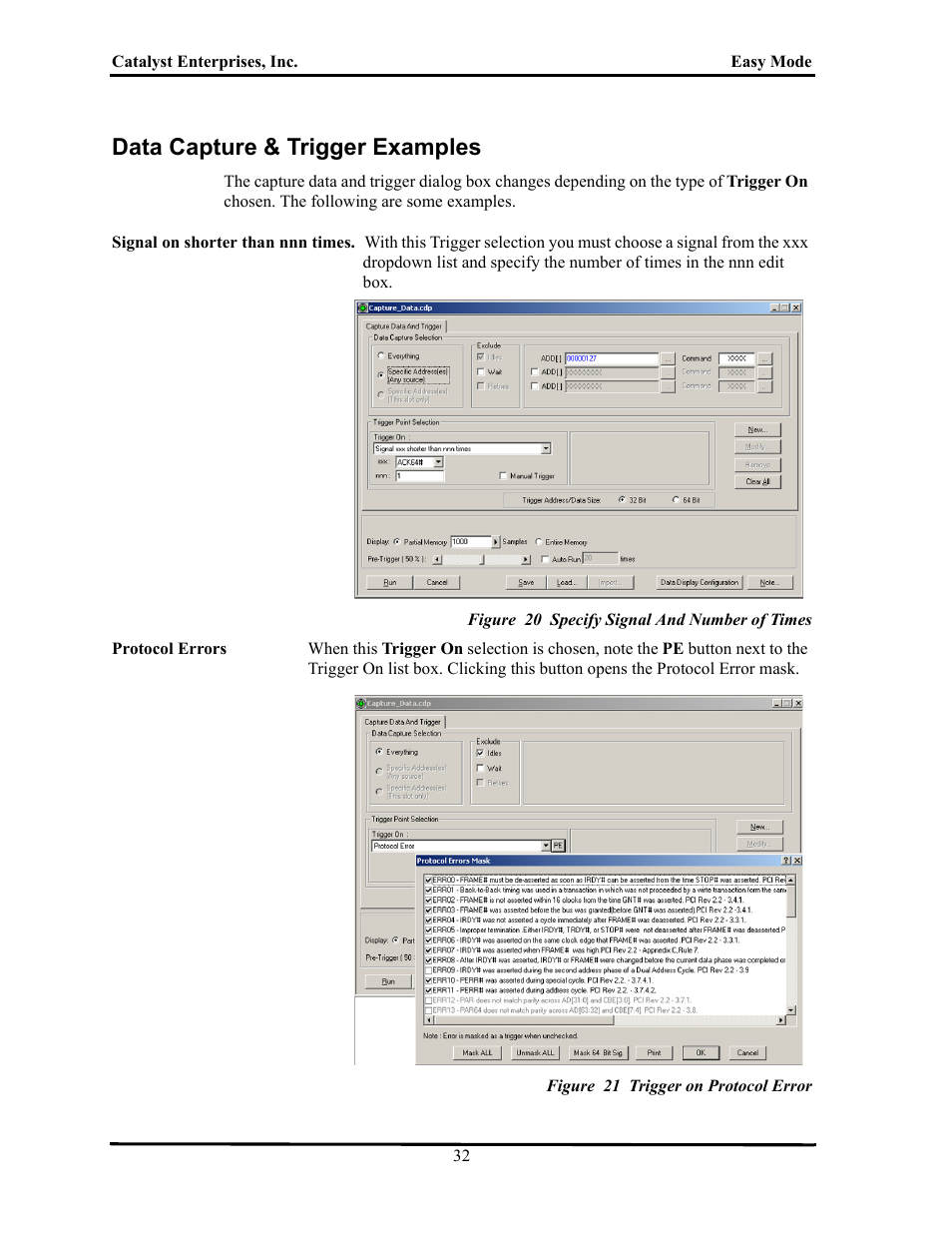 Data capture & trigger examples, Figure 20 specify signal and number of times, Figure 21 trigger on protocol error | Apture, Rigger, Xamples | Teledyne LeCroy TA700_800_850 User Manual User Manual | Page 46 / 268