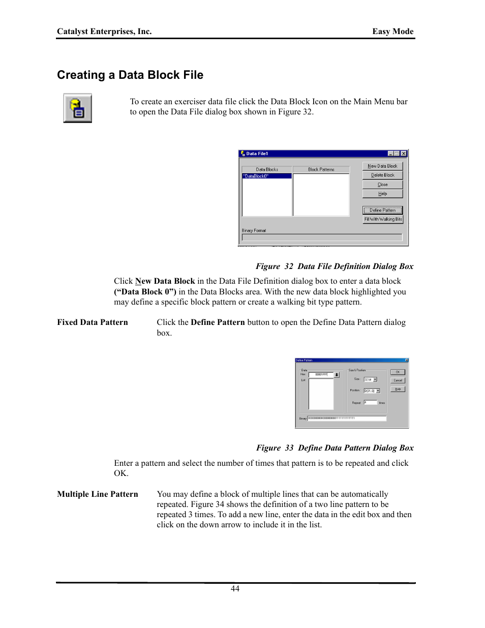 Creating a data block file, Figure 32 data file definition dialog box, Figure 33 define data pattern dialog box | Reating, Lock | Teledyne LeCroy TA700_800_850 User Manual User Manual | Page 58 / 268