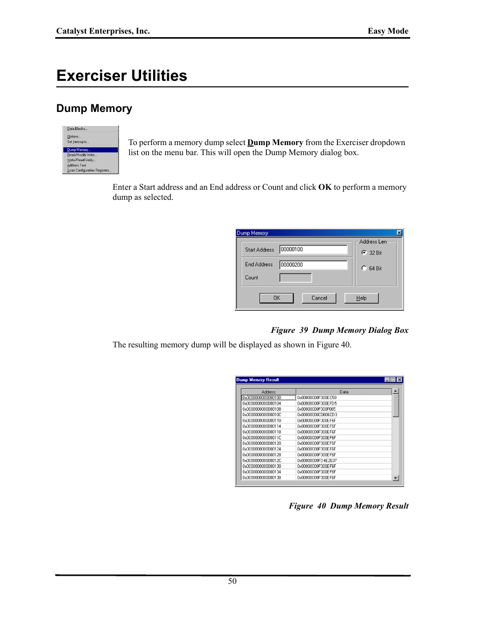 Exerciser utilities, Dump memory, Figure 39 dump memory dialog box | Figure 40 dump memory result, Xerciser, Tilities, Emory | Teledyne LeCroy TA700_800_850 User Manual User Manual | Page 64 / 268
