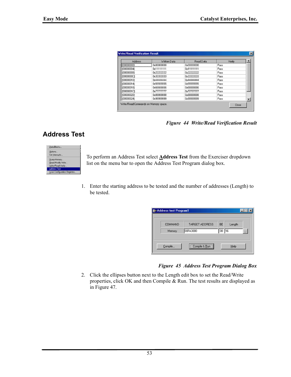 Figure 44 write/read verification result, Address test, Figure 45 address test program dialog box | Ddress | Teledyne LeCroy TA700_800_850 User Manual User Manual | Page 67 / 268
