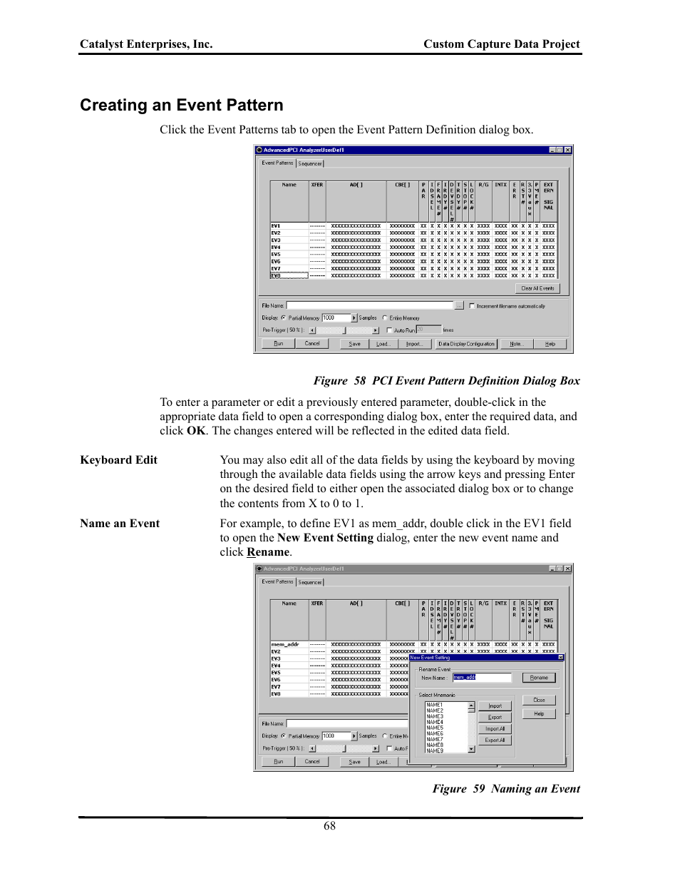 Creating an event pattern, Figure 58 pci event pattern definition dialog box, Figure 59 naming an event | Reating, Vent, Attern | Teledyne LeCroy TA700_800_850 User Manual User Manual | Page 82 / 268