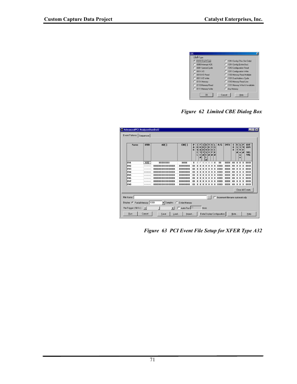 Figure 62 limited cbe dialog box, Figure 63 pci event file setup for xfer type a32 | Teledyne LeCroy TA700_800_850 User Manual User Manual | Page 85 / 268