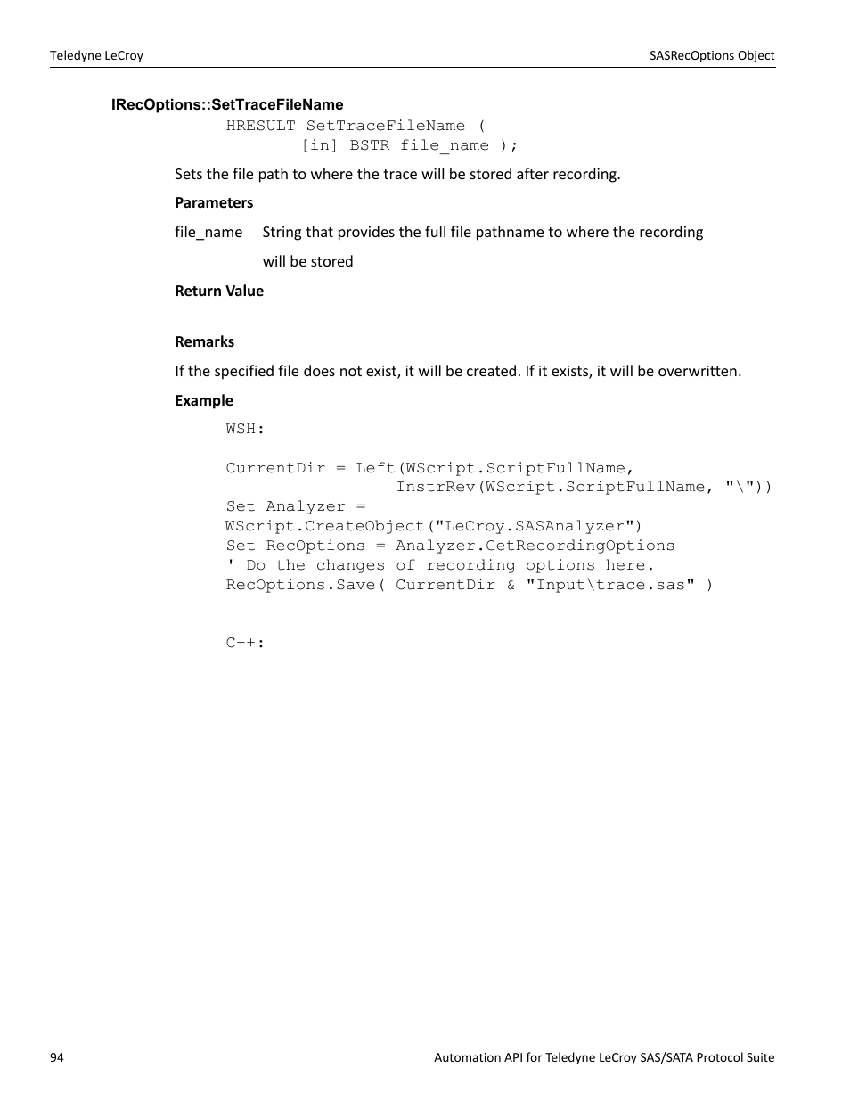 Irecoptions::settracefilename | Teledyne LeCroy SAS_SATA Automation API manual User Manual | Page 100 / 150
