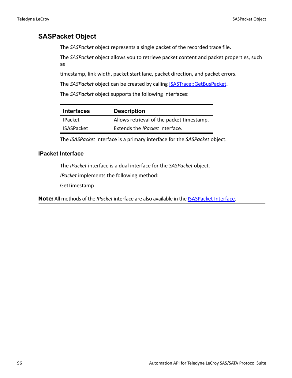 Saspacket object, Ipacket interface | Teledyne LeCroy SAS_SATA Automation API manual User Manual | Page 102 / 150