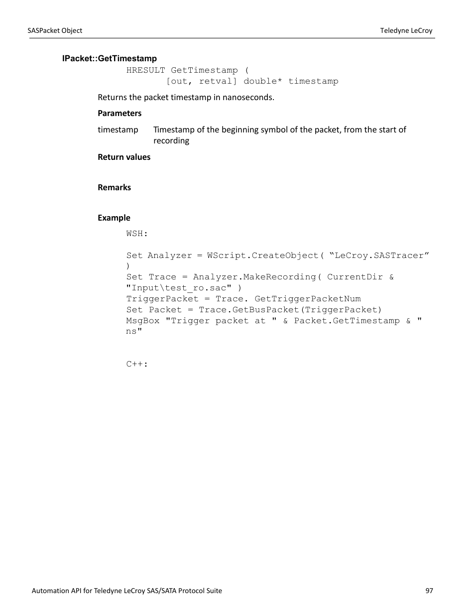 Ipacket::gettimestamp | Teledyne LeCroy SAS_SATA Automation API manual User Manual | Page 103 / 150