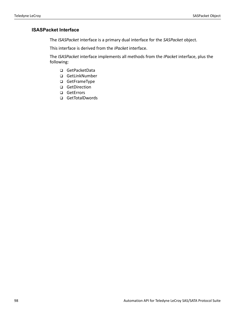 Isaspacket interface | Teledyne LeCroy SAS_SATA Automation API manual User Manual | Page 104 / 150