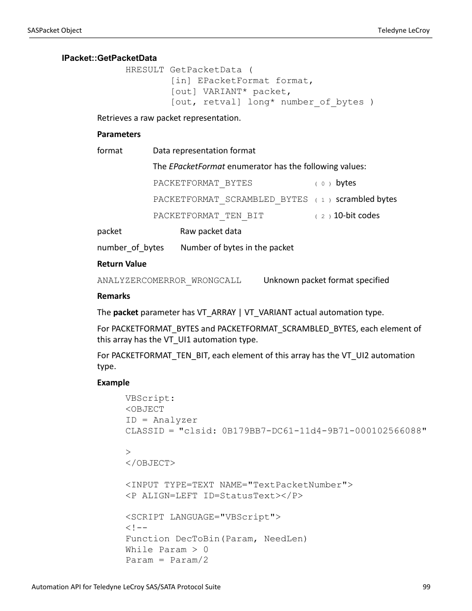 Ipacket::getpacketdata | Teledyne LeCroy SAS_SATA Automation API manual User Manual | Page 105 / 150