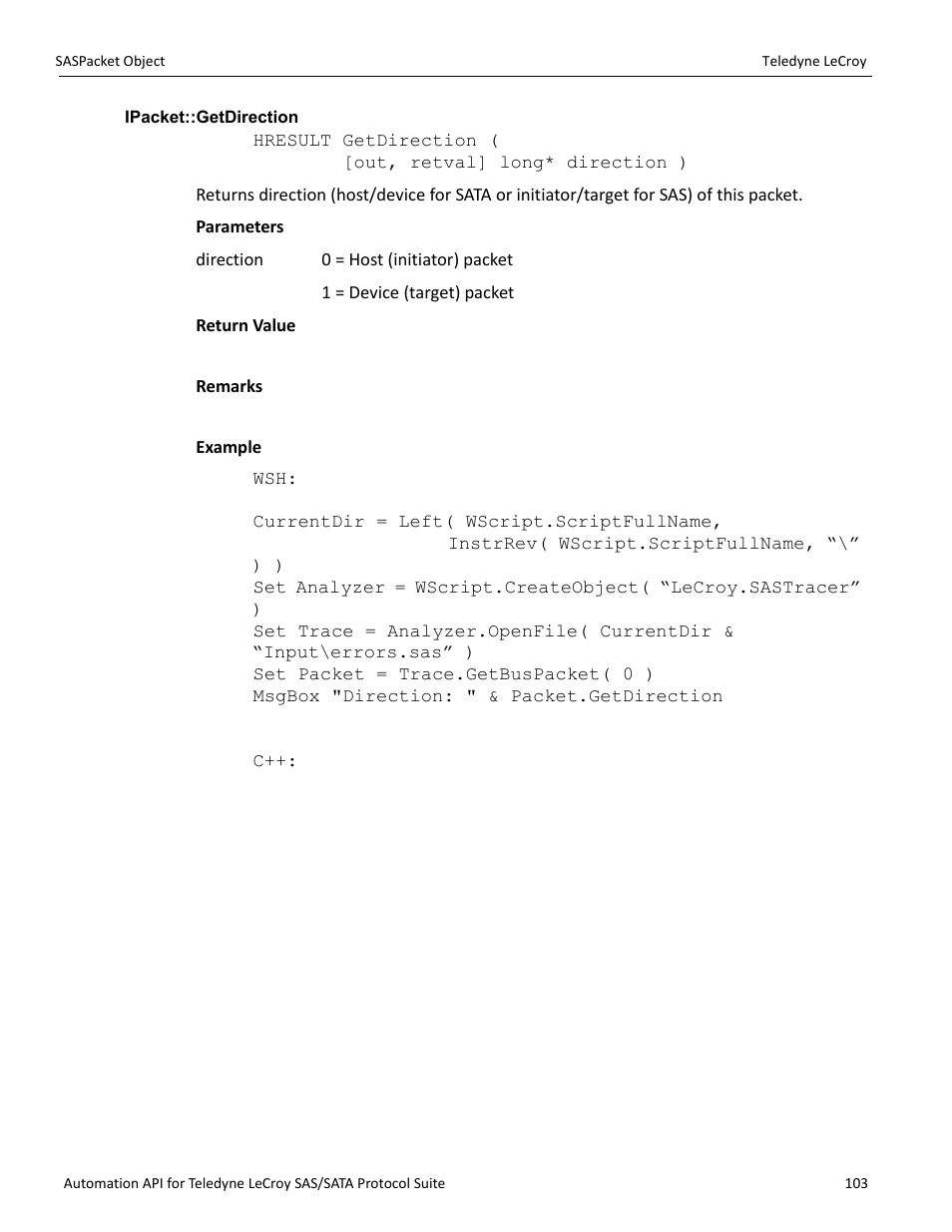 Ipacket::getdirection | Teledyne LeCroy SAS_SATA Automation API manual User Manual | Page 109 / 150
