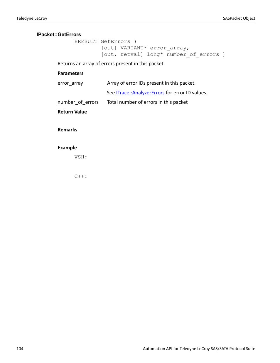 Ipacket::geterrors | Teledyne LeCroy SAS_SATA Automation API manual User Manual | Page 110 / 150