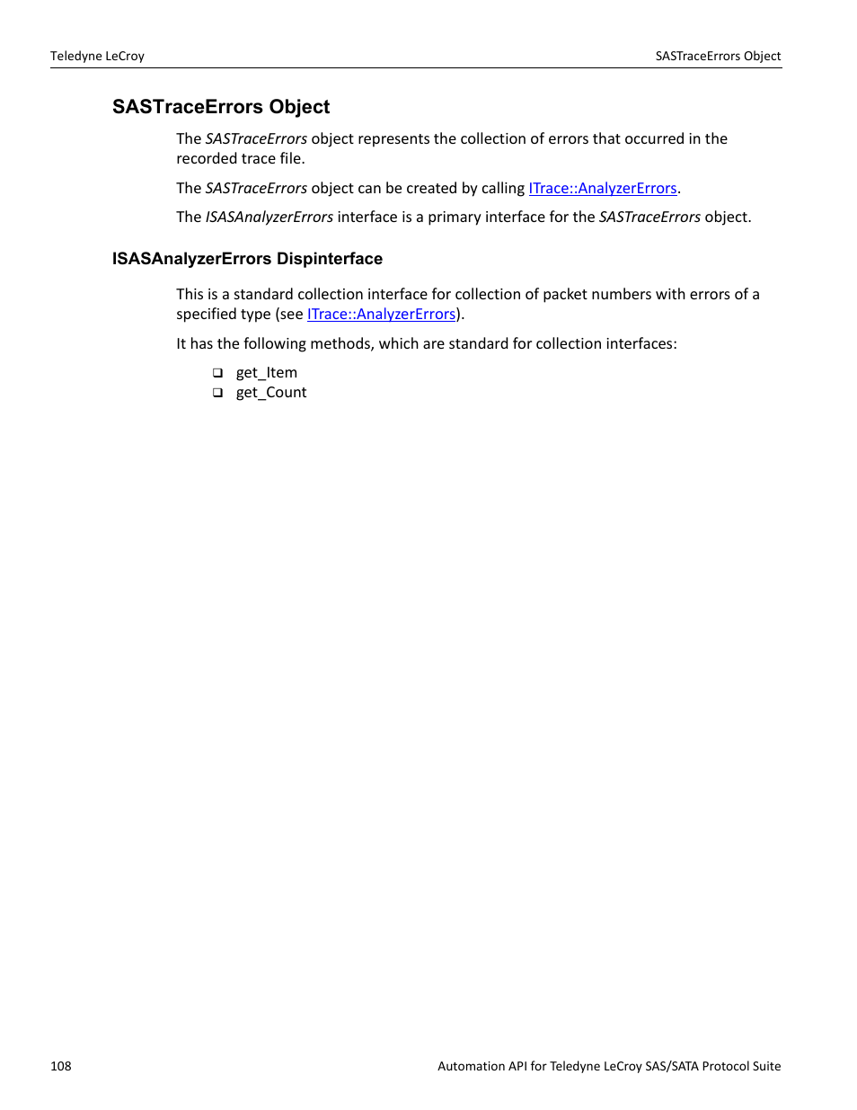 Sastraceerrors object, Isasanalyzererrors dispinterface | Teledyne LeCroy SAS_SATA Automation API manual User Manual | Page 114 / 150