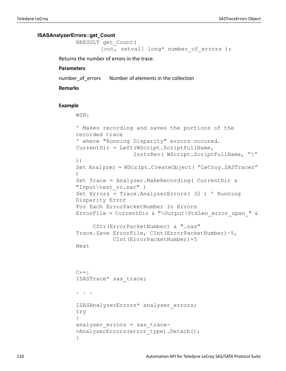 Isasanalyzererrors::get_count | Teledyne LeCroy SAS_SATA Automation API manual User Manual | Page 116 / 150