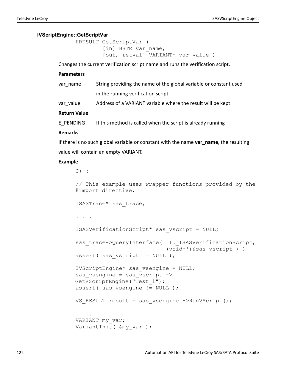 Ivscriptengine::getscriptvar | Teledyne LeCroy SAS_SATA Automation API manual User Manual | Page 128 / 150