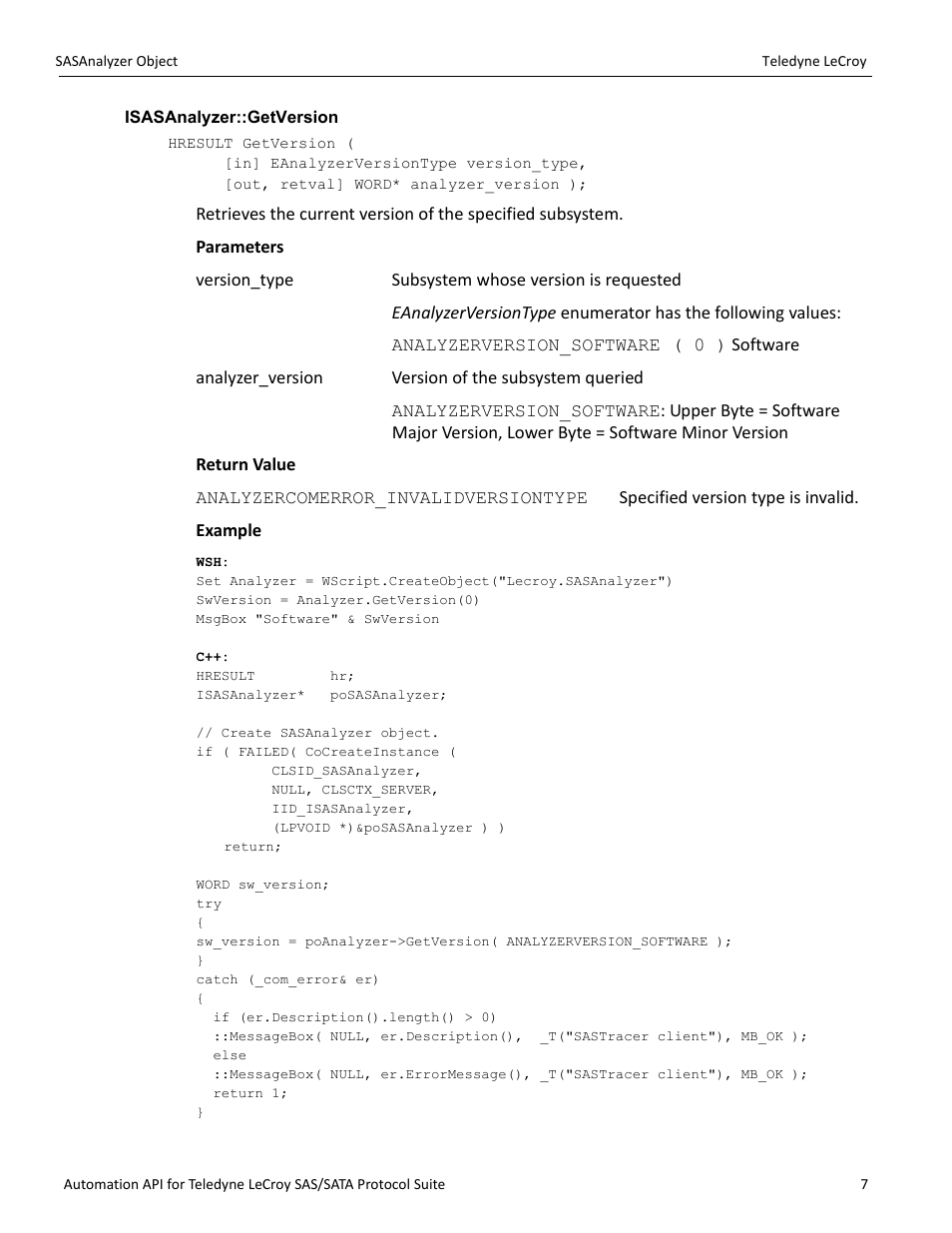 Isasanalyzer::getversion | Teledyne LeCroy SAS_SATA Automation API manual User Manual | Page 13 / 150