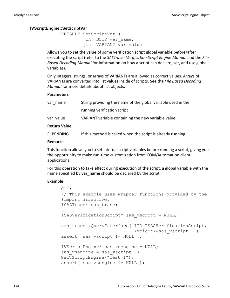 Ivscriptengine::setscriptvar | Teledyne LeCroy SAS_SATA Automation API manual User Manual | Page 130 / 150