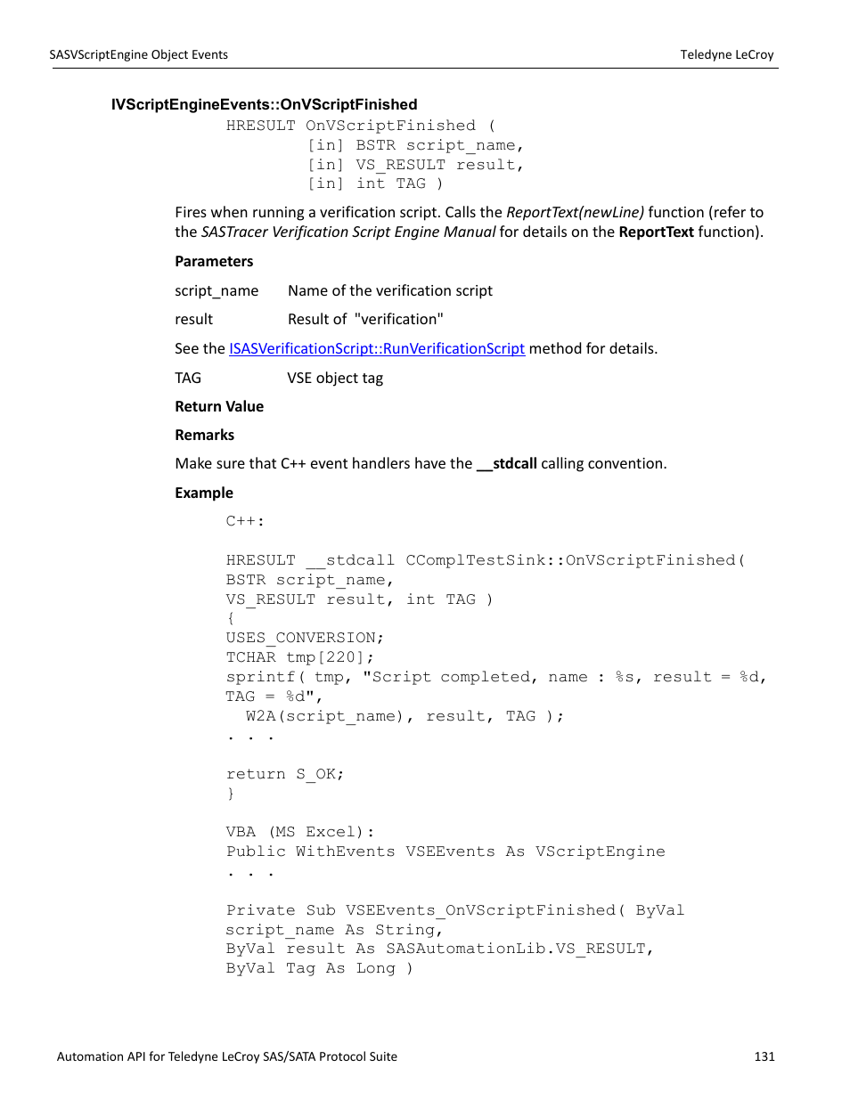 Ivscriptengineevents::onvscriptfinished | Teledyne LeCroy SAS_SATA Automation API manual User Manual | Page 137 / 150