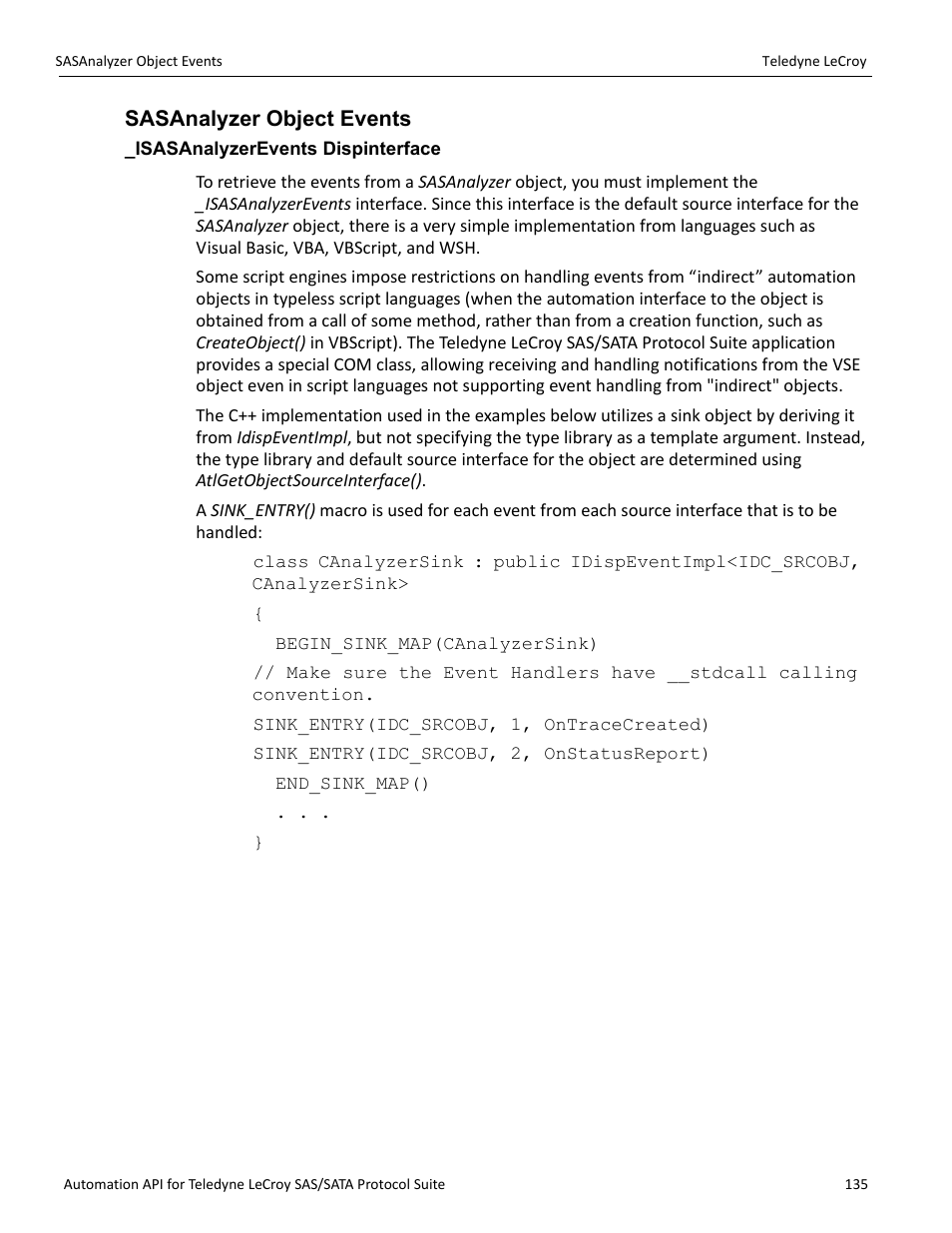 Sasanalyzer object events, Isasanalyzerevents dispinterface | Teledyne LeCroy SAS_SATA Automation API manual User Manual | Page 141 / 150
