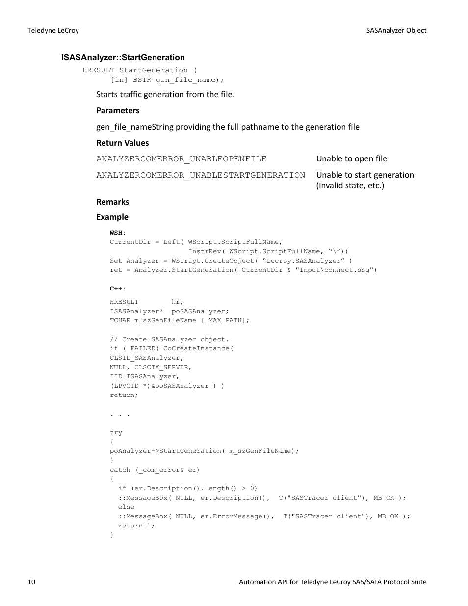 Isasanalyzer::startgeneration | Teledyne LeCroy SAS_SATA Automation API manual User Manual | Page 16 / 150