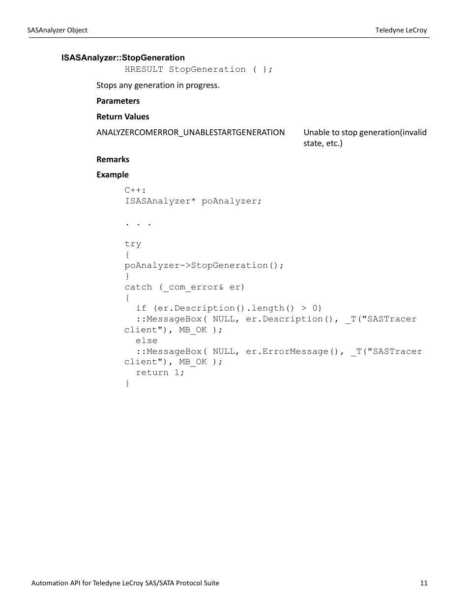 Isasanalyzer::stopgeneration | Teledyne LeCroy SAS_SATA Automation API manual User Manual | Page 17 / 150