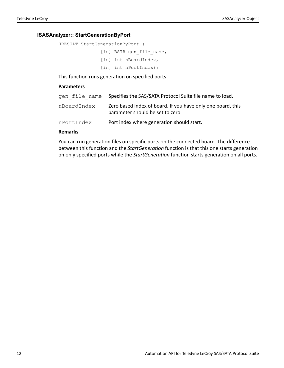 Isasanalyzer:: startgenerationbyport | Teledyne LeCroy SAS_SATA Automation API manual User Manual | Page 18 / 150