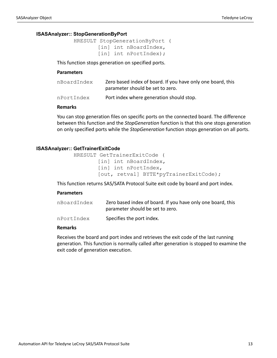 Isasanalyzer:: stopgenerationbyport, Isasanalyzer:: gettrainerexitcode | Teledyne LeCroy SAS_SATA Automation API manual User Manual | Page 19 / 150