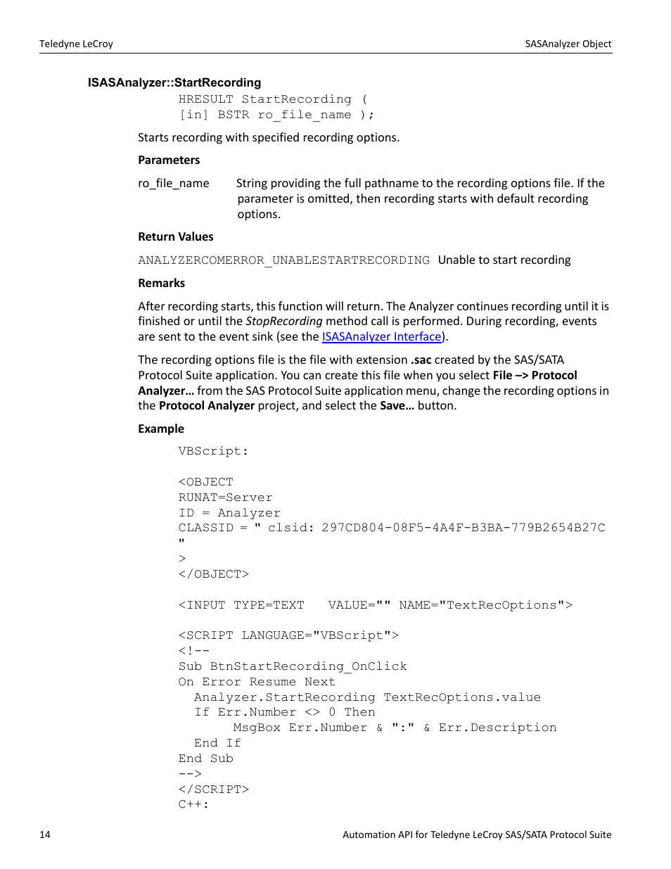 Isasanalyzer::startrecording | Teledyne LeCroy SAS_SATA Automation API manual User Manual | Page 20 / 150