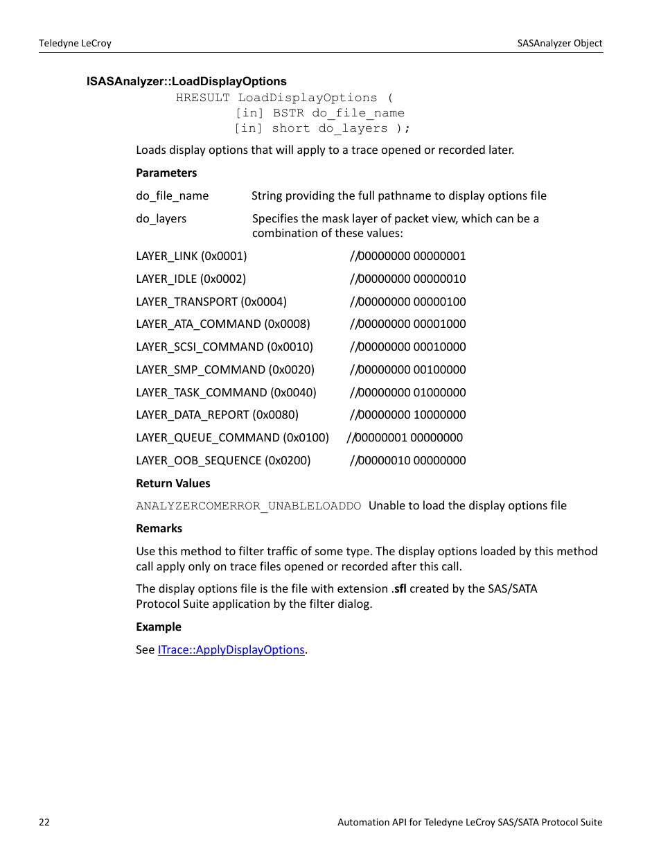 Isasanalyzer::loaddisplayoptions | Teledyne LeCroy SAS_SATA Automation API manual User Manual | Page 28 / 150