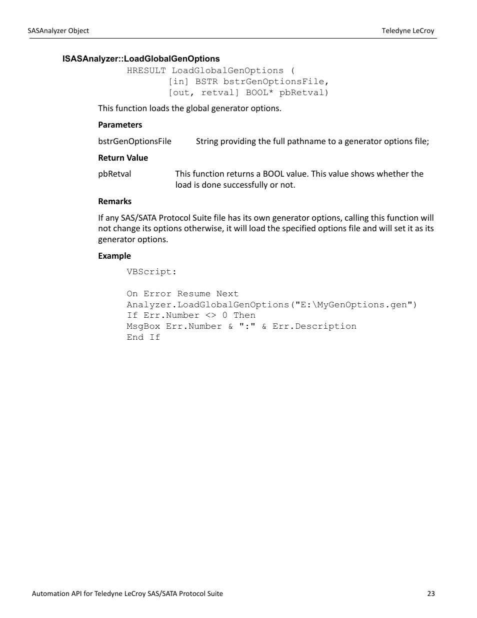 Isasanalyzer::loadglobalgenoptions | Teledyne LeCroy SAS_SATA Automation API manual User Manual | Page 29 / 150