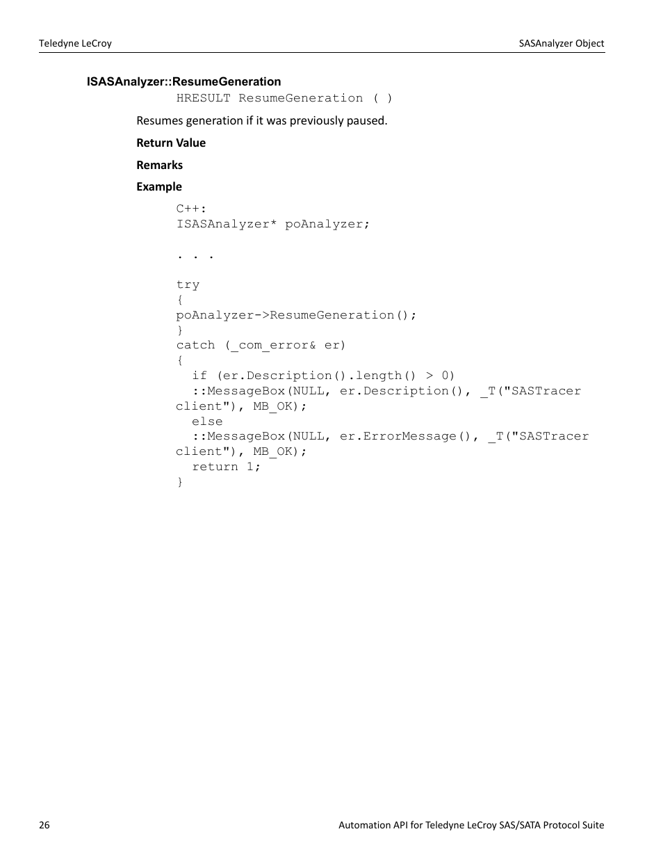 Isasanalyzer::resumegeneration | Teledyne LeCroy SAS_SATA Automation API manual User Manual | Page 32 / 150